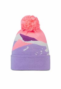 Multicolored knit beanie with a pink pom-pom. Features abstract patterns in pink, purple, and white. Soft texture and folded brim design.