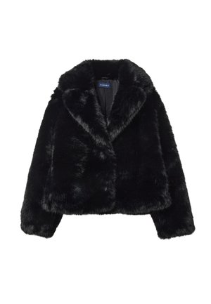 Giacca nera in pelliccia sintetica con colletto a scialle e vestibilità cropped. Texture morbida, senza chiusure e con un profondo lucido. Interno foderato in raso.