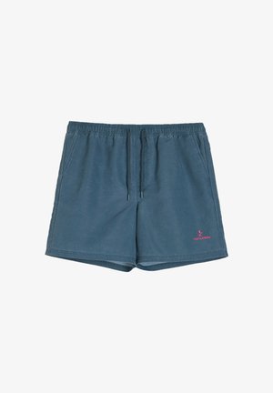 Niebieskie bawełniane szorty z elastycznym pasem, sznurkiem i kieszeniami bocznymi. Posiadają małe różowe logo z przodu.