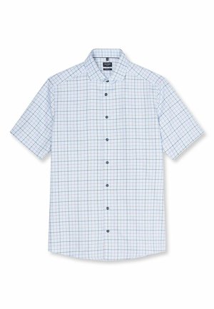 Camicia bianca a maniche corte con motivo a griglia blu e rossa, chiusura con bottoni sul davanti e collo classico.