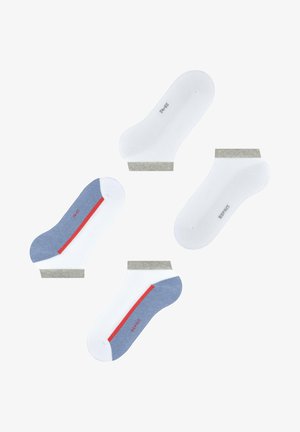 Enkelsokken in wit met grijze en blauwe accenten. Voorzien van een rode streep en gestructureerde stof. Merkembleem in het rood aan de zijkant gedrukt.