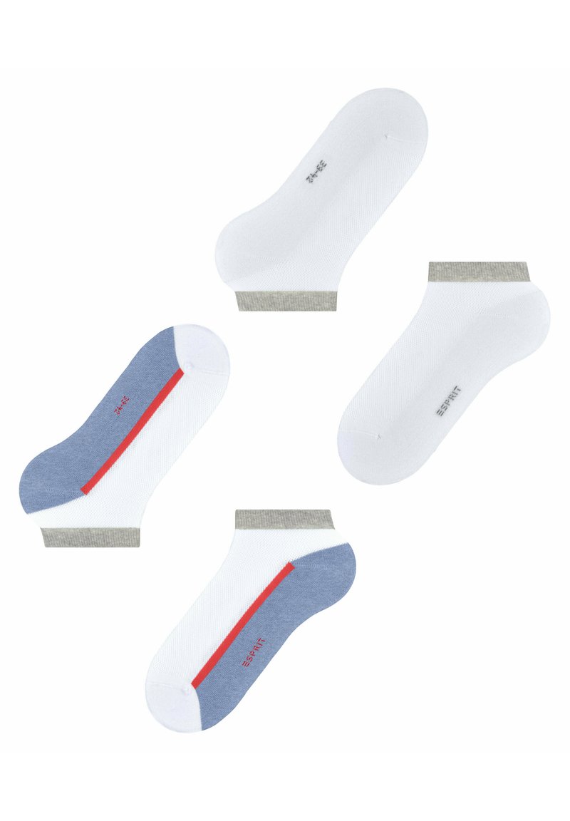 Enkelsokken in wit met grijze en blauwe accenten. Voorzien van een rode streep en gestructureerde stof. Merkembleem in het rood aan de zijkant gedrukt.