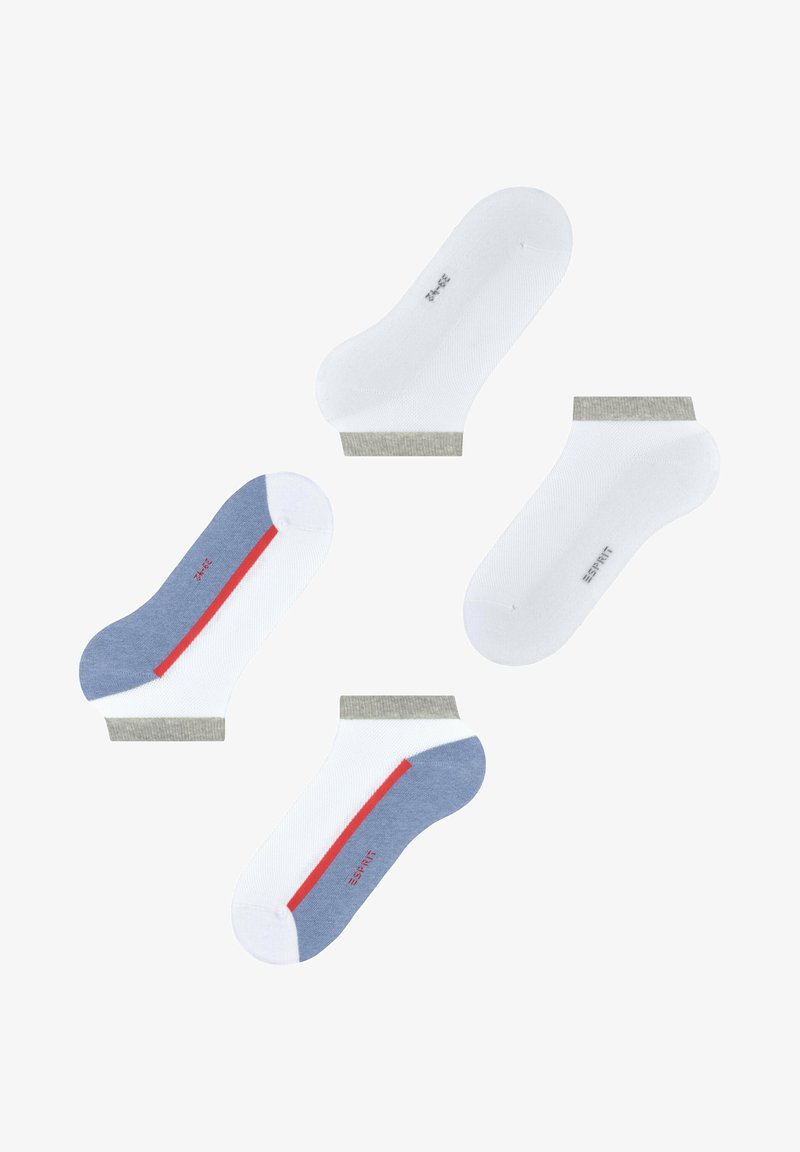 Weiße Knöchelsocken mit grauen und blauen Akzenten. Versehen mit einem roten Streifen und strukturiertem Stoff. Markenlogo in Rot an der Seite aufgedruckt.