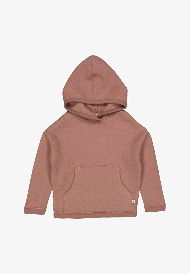 Felpa con cappuccio in morbido tessuto rosa chiaro. Presenta una tasca frontale e polsini a costine. Design semplice e informale con una vestibilità comoda.