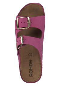Rohde pink slide sandal featuring two adjustable straps with silver buckles, leather insole, and a cork-like outsole. Smooth texture throughout.