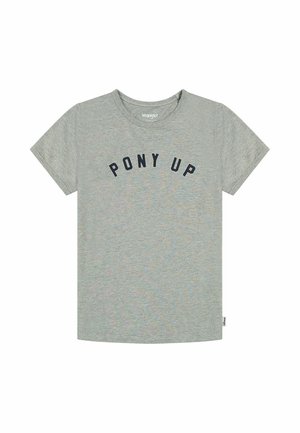 Grå kortærmet t-shirt med teksten "PONY UP" i marineblå buet skrift over brystet. Blød bomuldsstof.