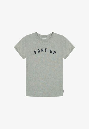 Grå kortærmet t-shirt med teksten "PONY UP" i marineblå buet skrift over brystet. Blød bomuldsstof.