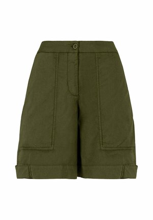 Szorty oliwkowe z wysokim stanem, z przodem zapinanym na guziki, widocznymi szwami i podwiniętymi nogawkami.