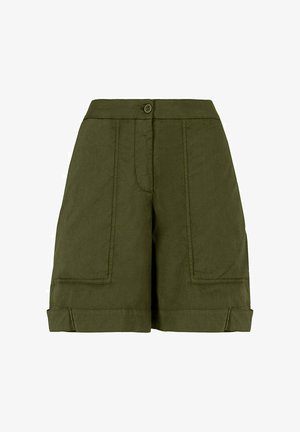 Pantaloncini verde oliva a vita alta con chiusura frontale con bottoni, cuciture visibili e orli risvoltati.