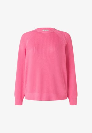 Suéter de manga larga de color rosa brillante con costillas, cuello redondo y puños ajustados, mostrado sobre un fondo blanco.