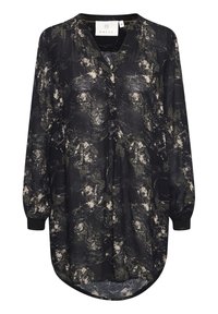Blusa nera con maniche lunghe, caratterizzata da un motivo floreale astratto in crema e verde. Chiusura con bottoni e orlo arrotondato. Realizzata in tessuto leggero.