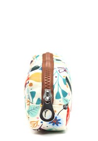 Zippered pencil case with colorful floral print on a cream background. Brown zipper and pull tab detail. Rectangular shape, fabric material.