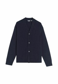 Mörk marinblå cardigan med V-ringning, sex knappförsedda framknäppningar samt ribbade manschetter och fåll. Gjord av mjukt stickat tyg. Inga mönster eller tryck.