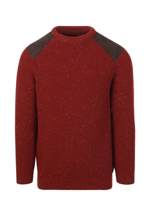 Red knitted sweater featuring a ribbed texture, round neck, and brown suede shoulder accents. The fabric includes subtle flecks throughout.