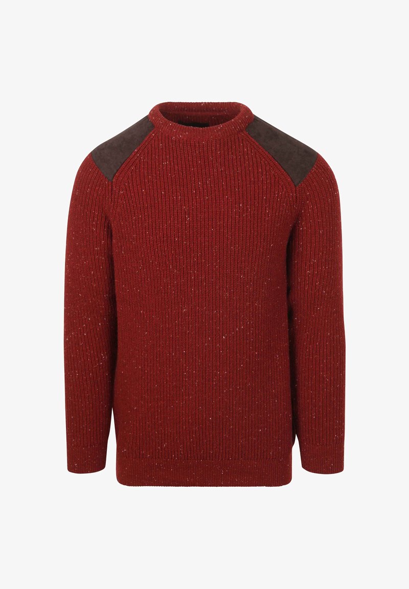 Roter Strickpullover mit geripptem Muster, rundem Ausschnitt und braunen Wildleder-Akzenten an den Schultern. Der Stoff weist dezente Einschläge auf.