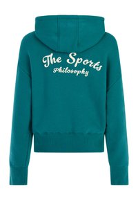 Tyrkysová mikina s kapucňou s crop strihom, na chrbte biele písmo s textom "The Sports Philosophy". Mäkká textúra, rebrované manžety.