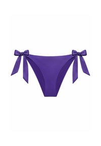 Lila Bikini-Höschen aus glattem Material, mit zwei seitlichen Schleifen, einem mittelhohen Schnitt und einfarbig ohne Muster.