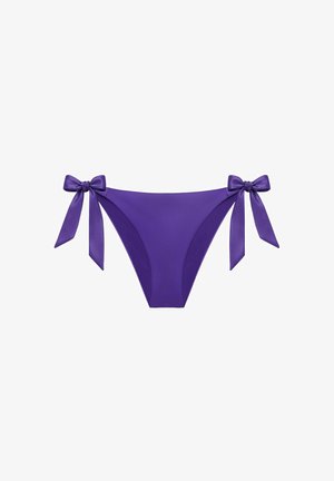 Purple bikini bottom made of smooth material, featuring two side bows, a mid-rise design, and solid color without patterns.