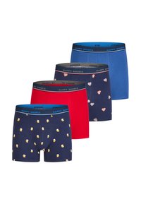 Four pairs of men's boxer shorts: navy with yellow ducks, red, dark blue, and navy with heart patterns; elastic "HAPPY SHORTS" waistband.