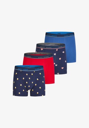 Vier paren herenboxershorts: marineblauw met gele eenden, rood, donkerblauw en marineblauw met hartjespatronen; geribbelde tailleband "HAPPY SHORTS".