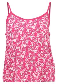 Camisole floral rose avec des bretelles fines, une coupe fluide, et un tissu orné de petites fleurs blanches et de détails complexes.