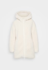 Manteau à capuche en polaire de couleur écrue, présentant une texture douce, des manches longues, une fermeture éclair à l'avant et un design décontracté.