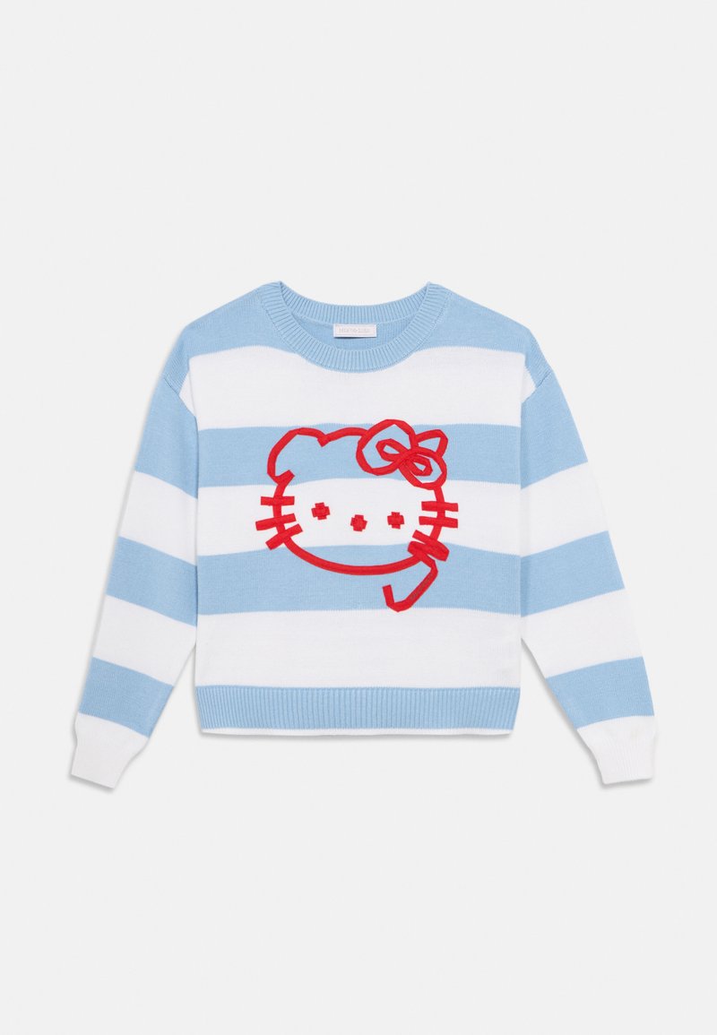 Pull rayé bleu et blanc avec un col rond et un ourlet côtelé. Présente un motif Hello Kitty brodé en rouge sur le devant.
