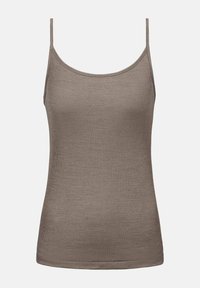 Bruine geribbelde mouwloze tanktop met dunne bandjes en een ronde halslijn, tentoongesteld tegen een eenvoudige witte achtergrond.