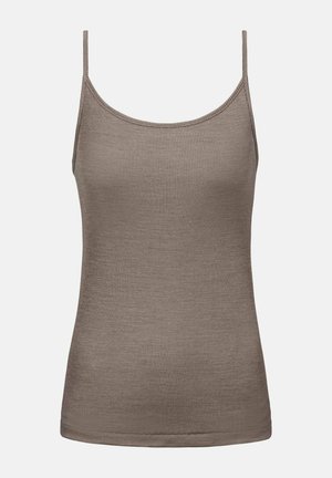 Bruine geribbelde mouwloze tanktop met dunne bandjes en een ronde halslijn, tentoongesteld tegen een eenvoudige witte achtergrond.