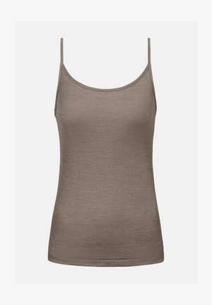 Braun gestreiftes ärmelloses Tanktop mit dünnen Trägern und rundem Halsausschnitt, auf einem schlichten weißen Hintergrund präsentiert.