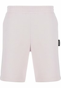 Lys rosa bomullsshorts med elastisk midje, rett snitt, og en liten svart lapp på siden. Glatt tekstur, ingen lommer.
