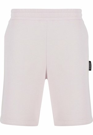 Kerged roosa puuvillased lühikesed püksid elastse vöökohaga, sirge lõikega ja väikese musta sildiga küljel. Sile tekstuur, ilma taskuteta.