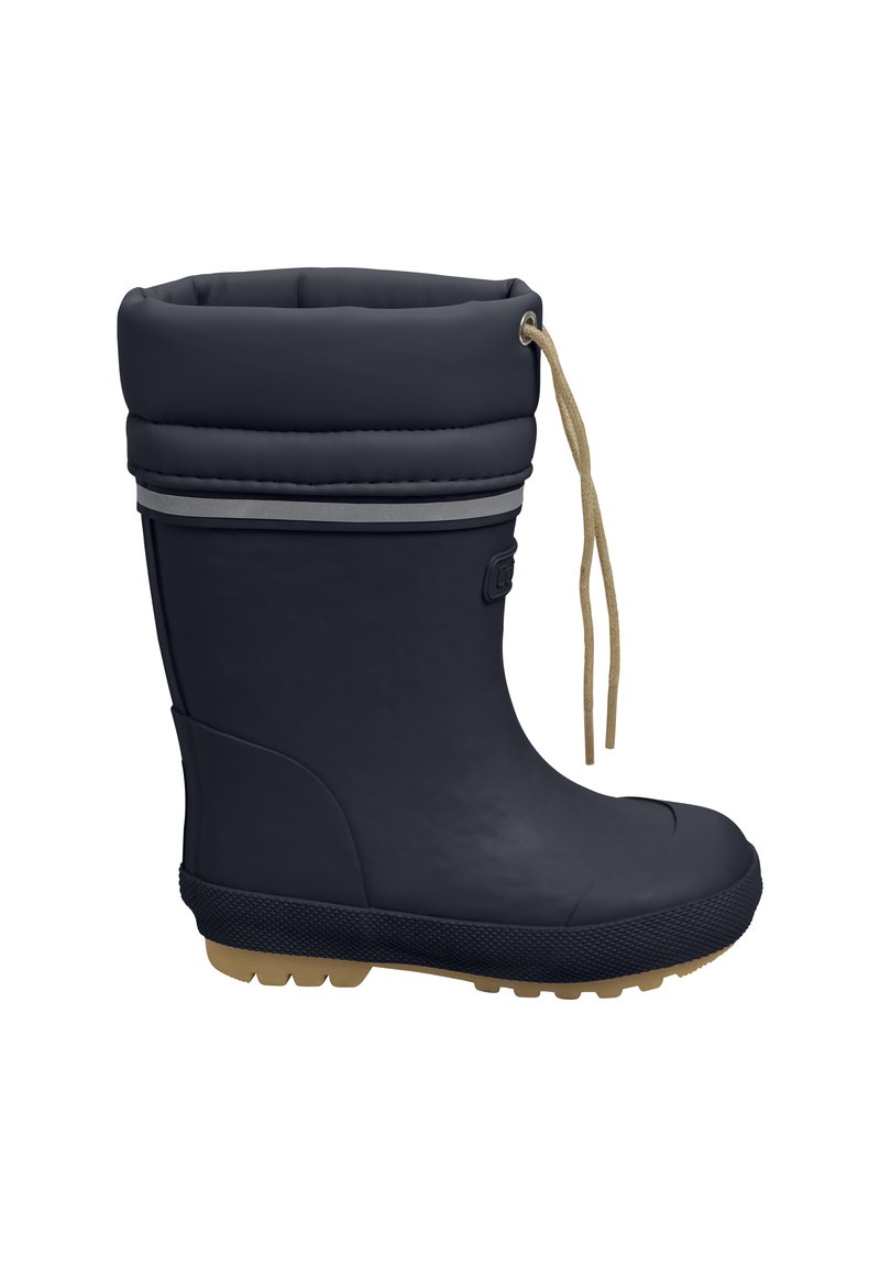 Botte imperméable marine avec un haut matelassé repliable et un cordon beige. Présente une semelle noire texturée et un fond en caoutchouc beige.