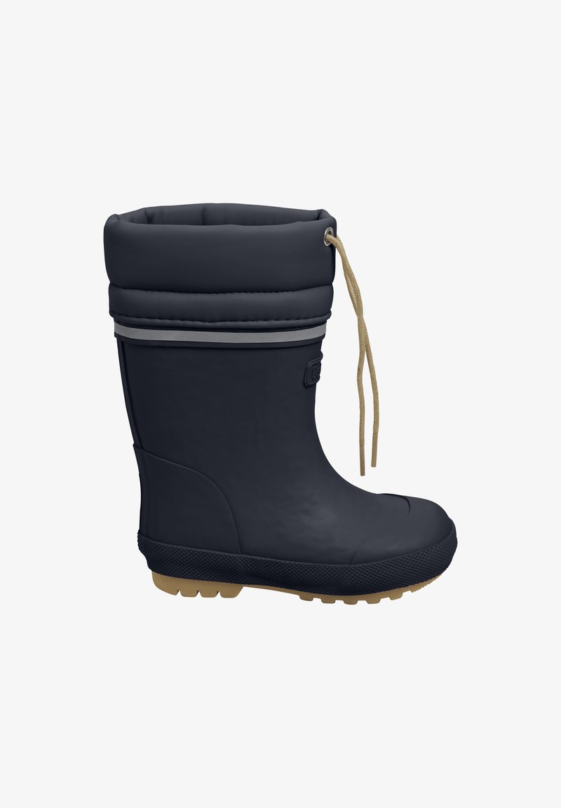 Botte imperméable marine avec un haut matelassé repliable et un cordon beige. Présente une semelle noire texturée et un fond en caoutchouc beige.