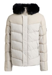 Puffjakke i beige med hette i svart kunstpels, med glidelås, skrå quiltet mønster, og sidelommer.