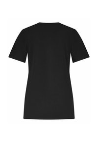 Zwarte katoenen T-shirt met korte mouwen, ronde hals en een gladde textuur. Achteraanzicht toont een eenvoudig ontwerp zonder versieringen.