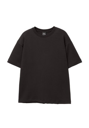 T-shirt nera oversize in cotone, con colletto rotondo e maniche corte, dal texture morbida, senza motivi o dettagli visibili.