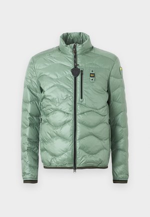 Grüne gesteppte Jacke mit hohem Kragen, Frontreißverschluss, Reißverschlusstasche auf der Brust und Logo-Patches auf der Brust und dem linken Ärmel.