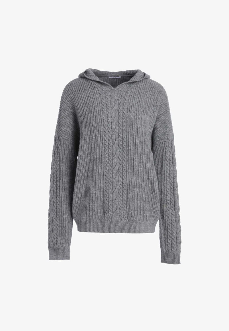 Haut à capuche en tricot gris avec un motif en cable texturé sur le devant et les manches, présentant un large col et des poignets et un ourlet en côtelé.