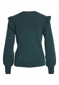 Pull en maille côtelée vert foncé avec manches longues bouffantes et détails à volants sur les épaules, vu de dos.