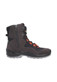 Stivale da trekking nero e grigio realizzato in suede e rete, con accenti arancioni, zip laterale e suola testurizzata robusta.