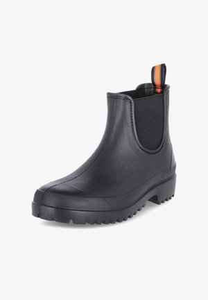 Schwarze Gummistiefelette mit elastischen Seiteneinsätzen, strukturiertem Finish und einem gemusterten Profil. Mit einem Zugband in Orange und Schwarz.