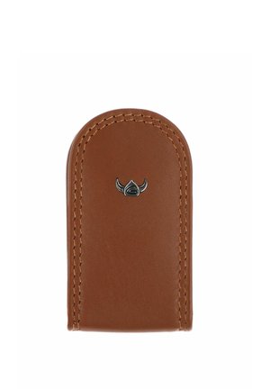 Brown leather key holder with rounded top, decorative stitching, and a small metal emblem featuring a stylized horned logo.