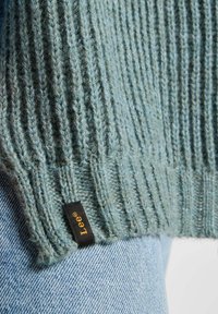 Prążkowany, jasnobeżowy sweter wykonany z miękkiego materiału, z czarną metką z wyhaftowanym w złocie napisem "Lee", w połączeniu z dżinsami.