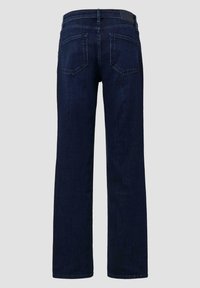 Dunkelblaue Denim-Jeans mit geradem Bein, fünf Taschen-Design und kontrastierenden Nähten auf den Gesäßtaschen.