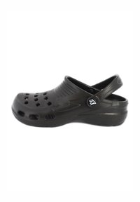Black rubber clog with perforated top, raised ridges, and a back strap. Features a textured sole and round toe design.