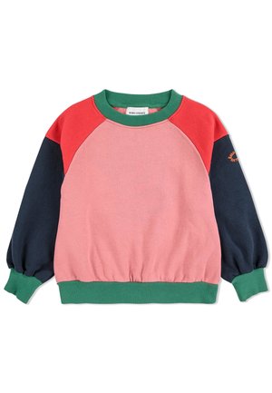 Sweatshirt à manches raglan en rose, rouge et bleu marine avec des poignets et un ourlet côtelés verts ; fabriqué en coton doux avec une coupe décontractée. Détail de logo notable sur la manche.
