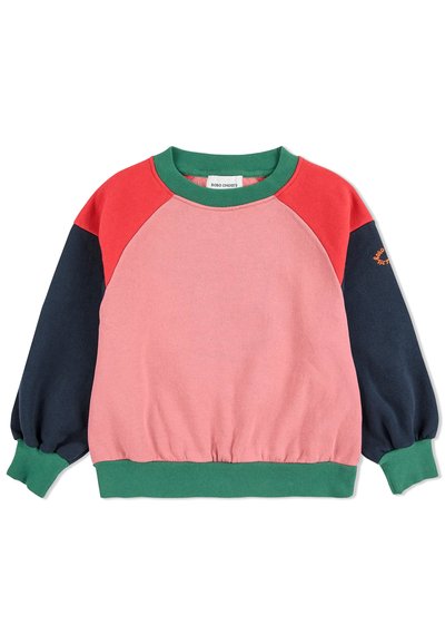 Raglanärmel-Sweatshirt in Pink, Rot und Marineblau mit grünen Rippeabschlüssen und Saum; aus weicher Baumwolle mit lässiger Passform. Auffälliges Logodesign am Ärmel.