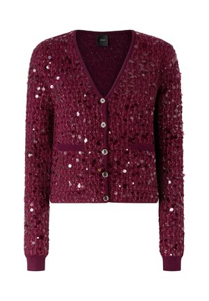 Cardigan color bordeaux con scollo a V, decorato con paillettes, con chiusura a bottoni, polsini a coste e due tasche frontali. Tessuto a maglia strutturato.