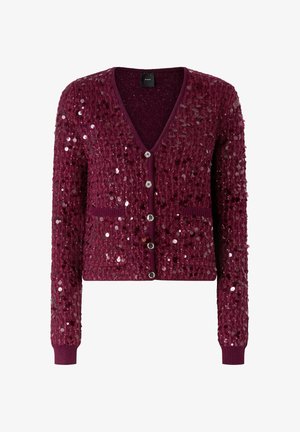 Cardigan color bordeaux con scollo a V, decorato con paillettes, con chiusura a bottoni, polsini a coste e due tasche frontali. Tessuto a maglia strutturato.